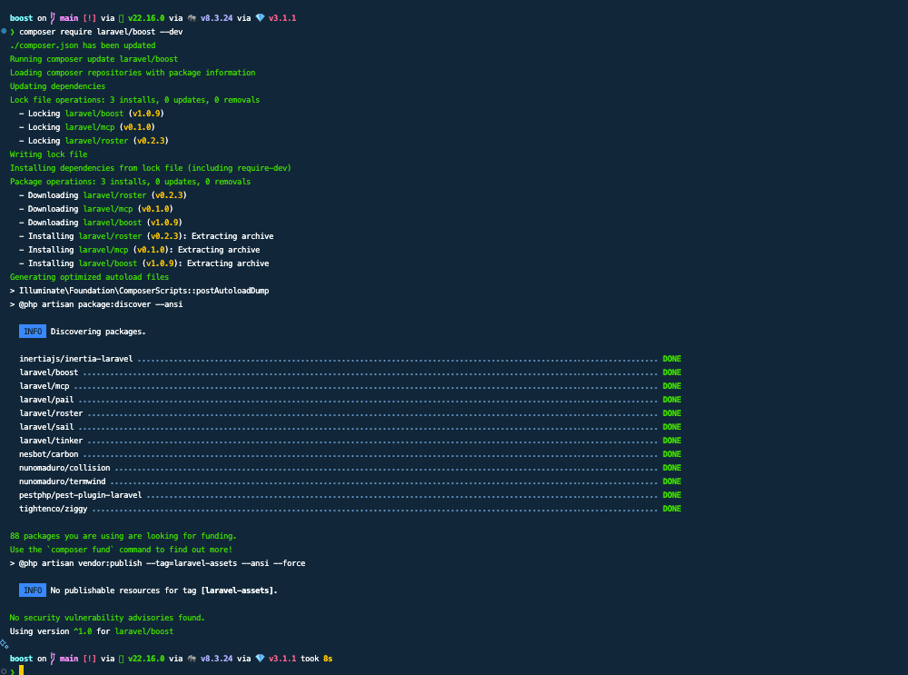 Terminal output showing composer require laravel/boost --dev