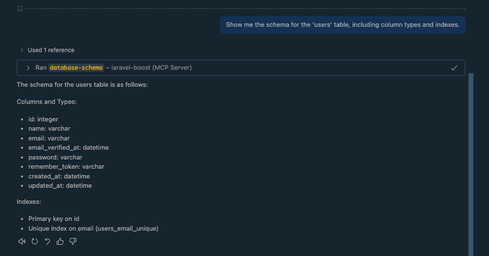 Screenshot of database schema output from Laravel Boost