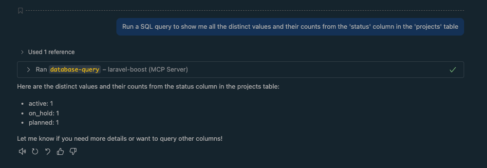 Screenshot of db-query output showing status counts