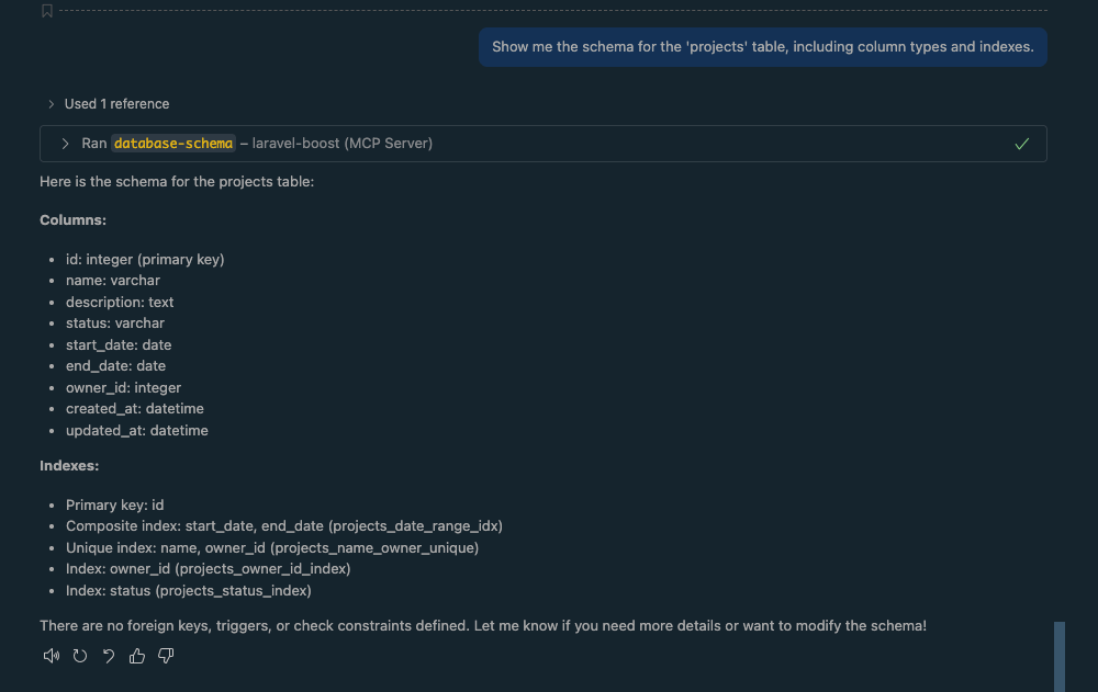 Screenshot of db-schema output for a projects table