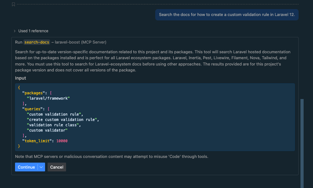 Screenshot asking to confirm documentation search