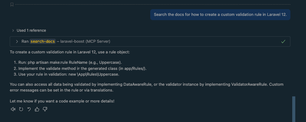 Screenshot showing Laravel Boost search-docs results