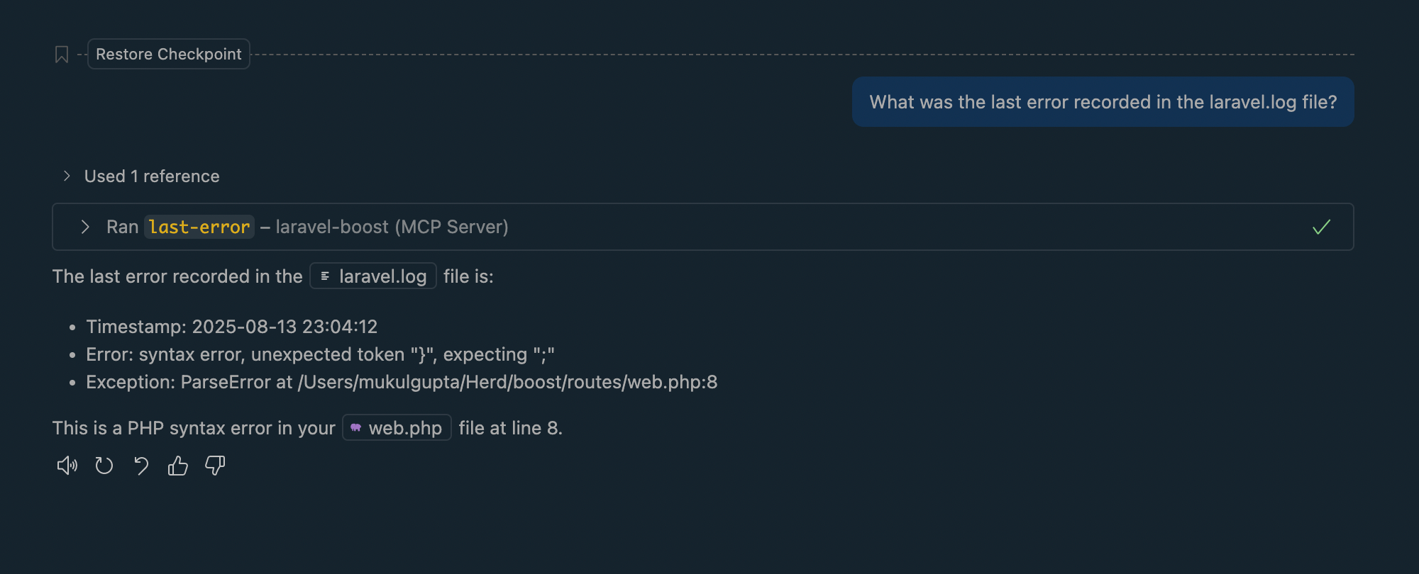 Screenshot of last-error output in Laravel Boost