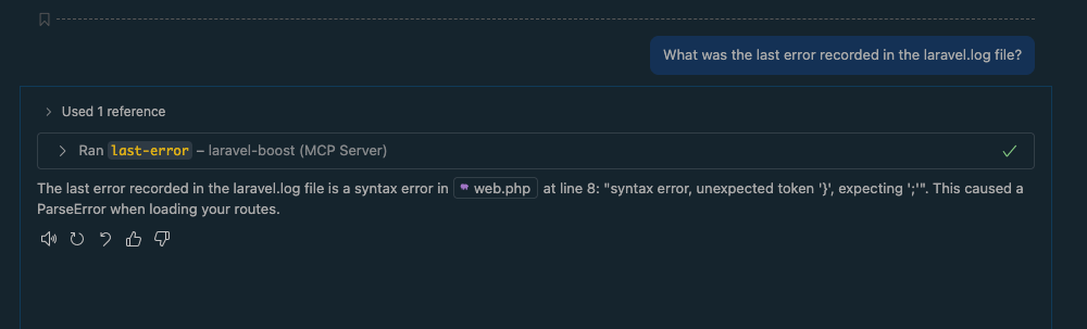 Screenshot showing last-error output in Laravel Boost