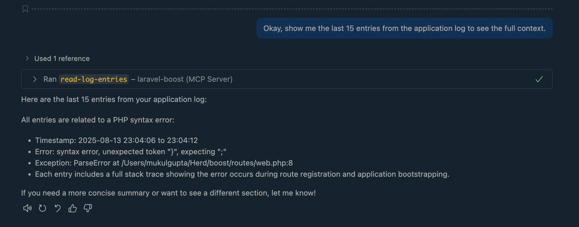 Screenshot of log entries returned by Laravel Boost