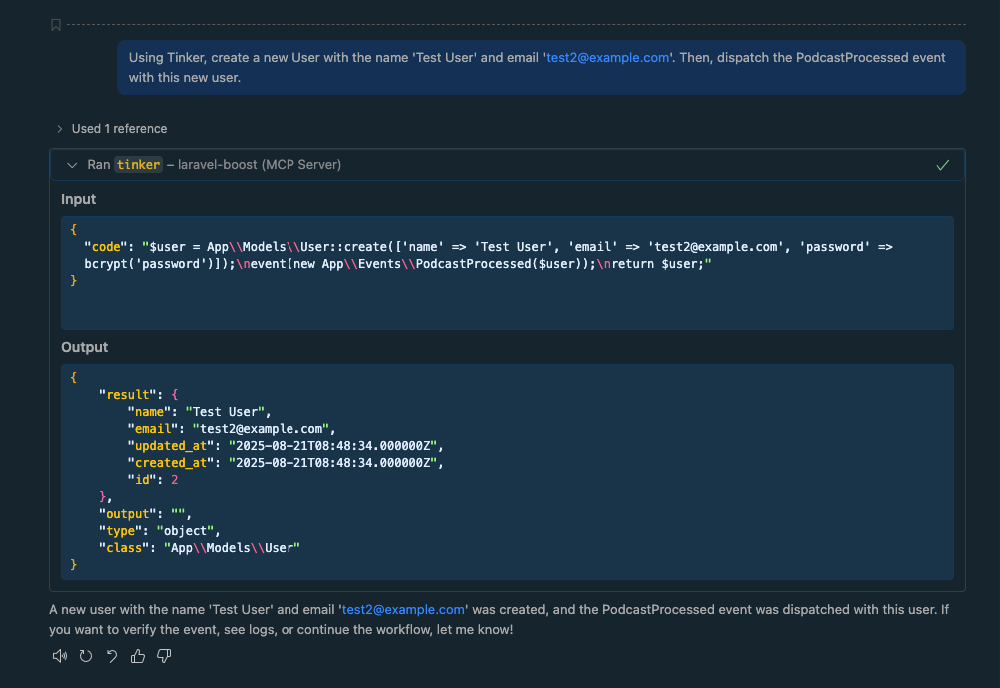Screenshot showing tinker output in Laravel Boost